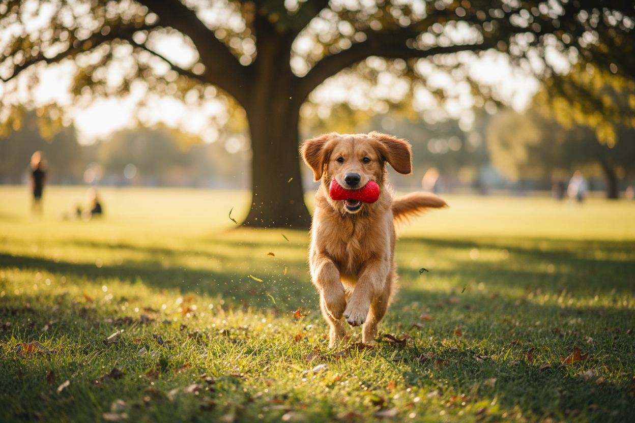 Cute dog playing with a toy at a park