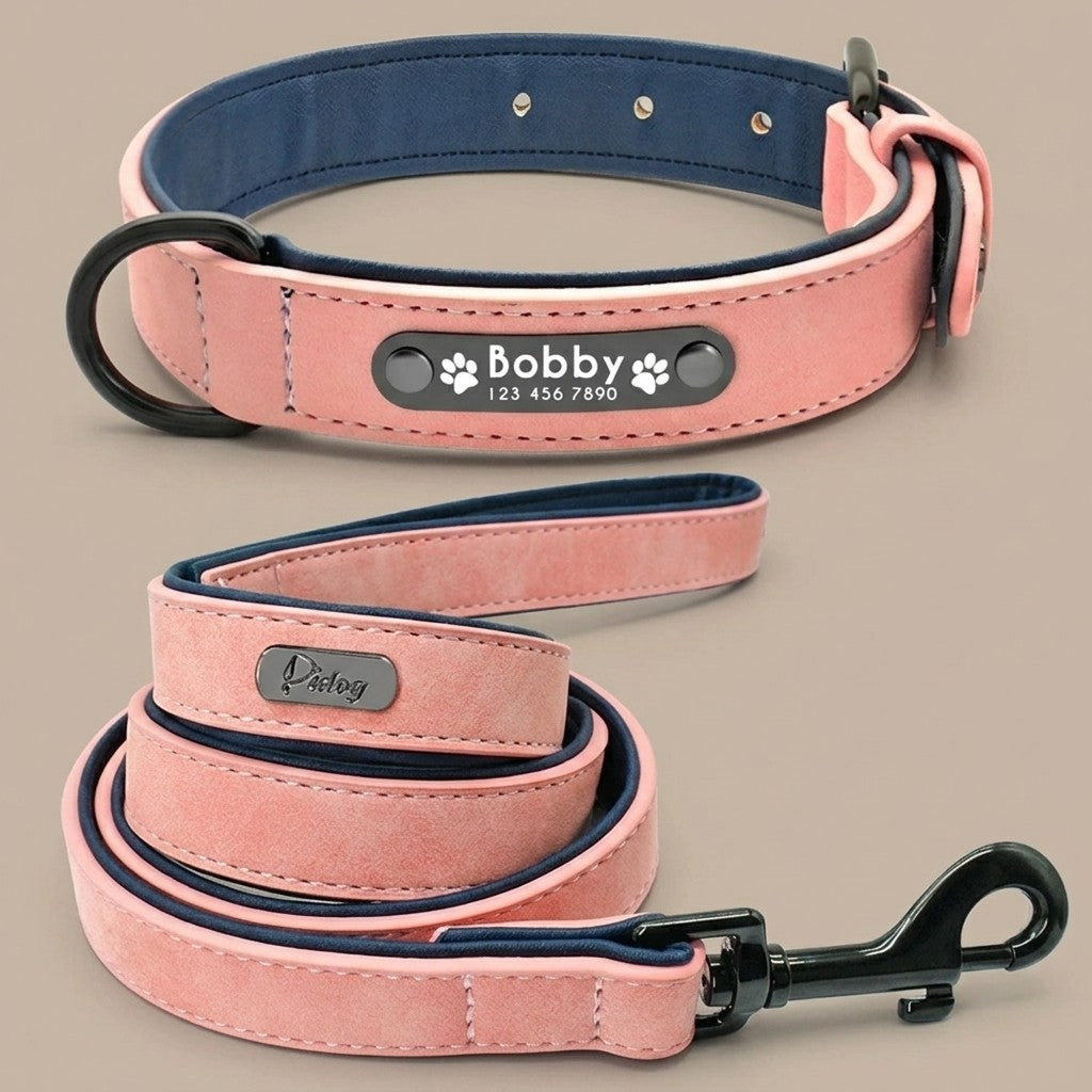 Personalized Leather Dog Collar and Leash Set