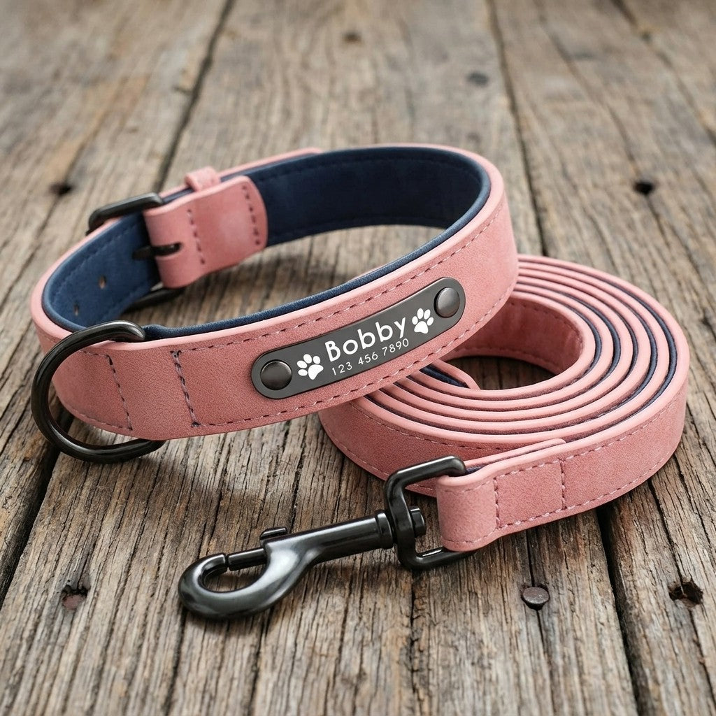 Personalized Leather Dog Collar and Leash Set