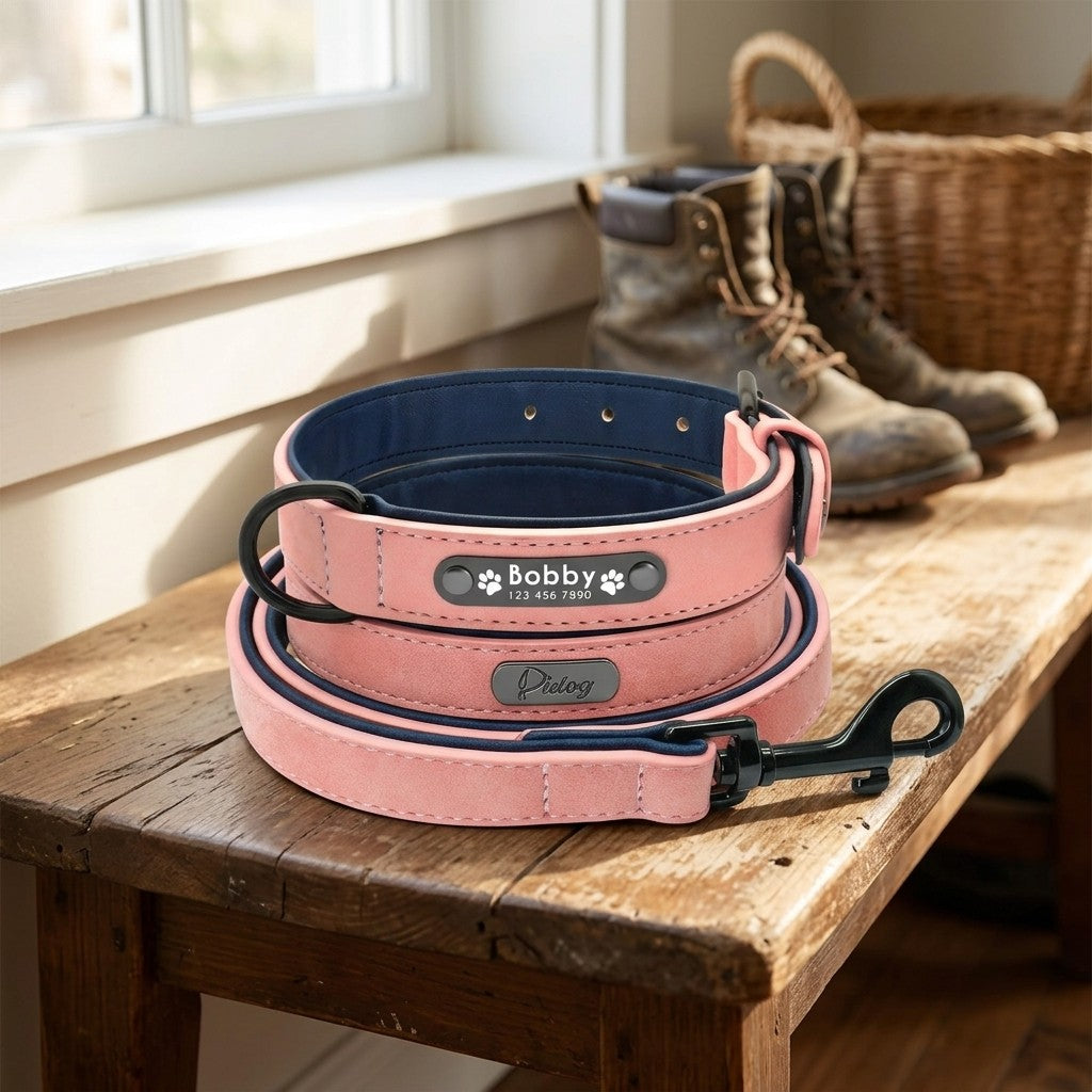 Personalized Leather Dog Collar and Leash Set